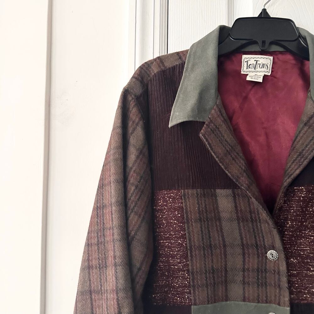 Tantrums Red Green Vintage Wool Patchwork Tweed Faux Suede Button Jacket XL - Picture 2 of 8